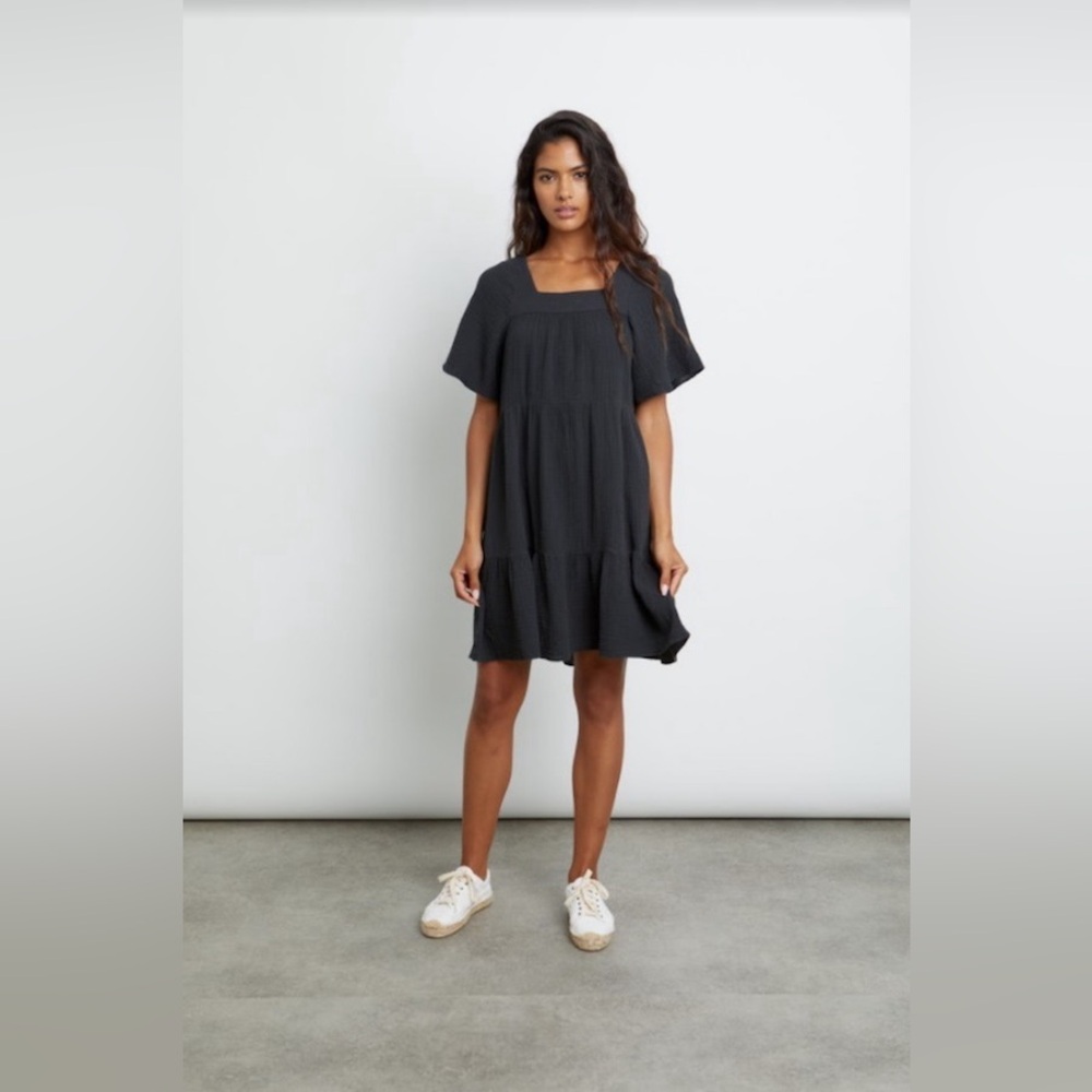 Rails Valentina Cotton Gauze Mini Dress Size L Black Tiered Square Neck